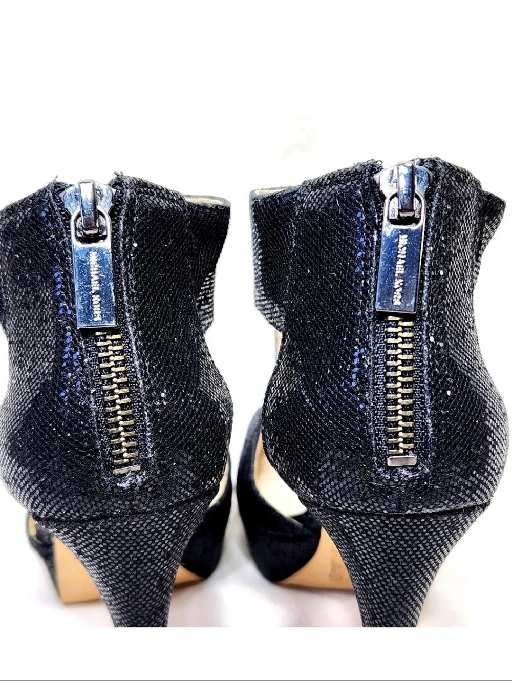 MICHAEL KORS Sparkle Platform Heels Sz 7 Black Ankle T-Strap Cut-Out Back Zip